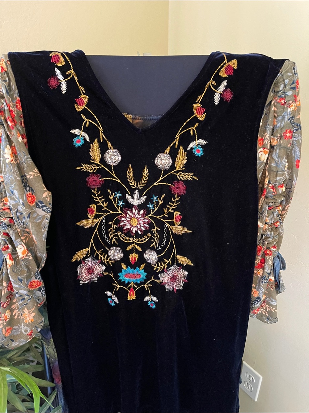 Embroidered Black Velvet Dress with Floral Sleeves